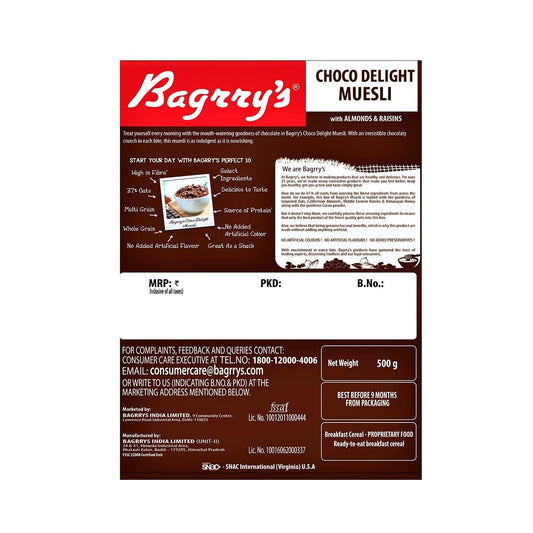 Bagrry's Choco Delight Muesli with Almonds & Raisins Cereal 500 g & 1 Kg Pack