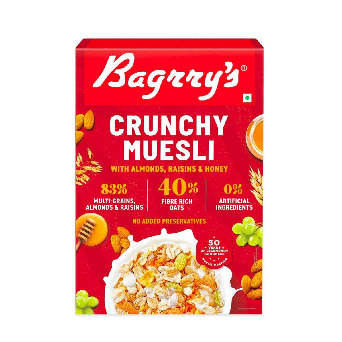 Bagrry's Crunchy Muesli with Almonds Raisins & Honey Cereal 500 g Pack