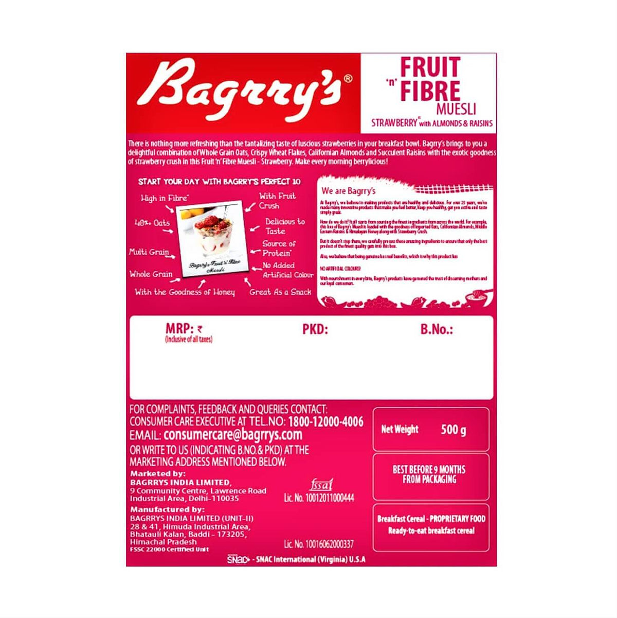 Bagrry's Fruit'n Fibre Muesli with Strawberry Cereal 500 g & 1 Kg Pack