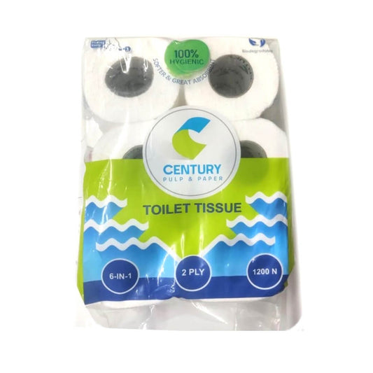 Century Toilet Tissue Roll 2 Ply Roll 6 Roll Pack - Stronger & Great Absorbent Toilet Towels