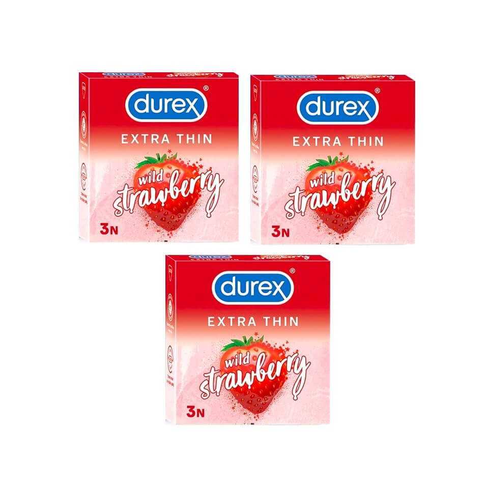 Durex Extra Thin Wild Strawberry Flavoured Condoms 3 Pc Pack of 3