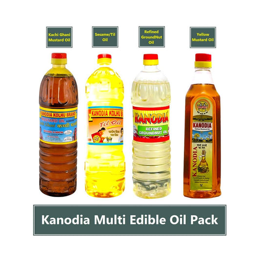 Kanodia Multi Edible Oils Pack 4 Edible Oils (Kachi Ghani Mustard Oil+Til Oil+Groundnut Oil+Yellow Mustard Oil) - 4 Litre (Each 1 Litre)