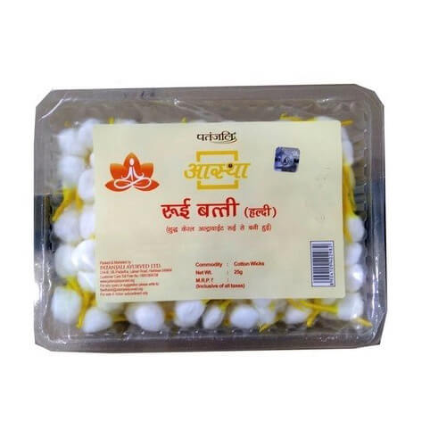 Patanjali Aastha Rui Batti (Cotton Wicks) Haldi 25 g (200 Pc Approx) Box